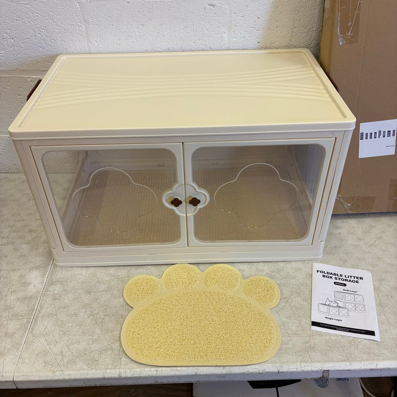 MeexPaws Plastic Foldable Litter Box Storage w 2 Mats, Easy Access Doors - Tan