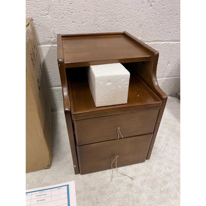 KASLANDI Solid Wood Nightstand with 2 Drawers & 2 Tier Shelf - Brown with Legs