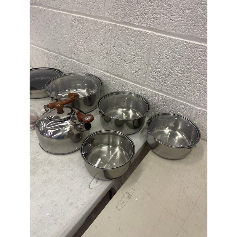 Cookware Set Pots and Pans Tea Kettle Silver w Brown Accents SEE DETAILS