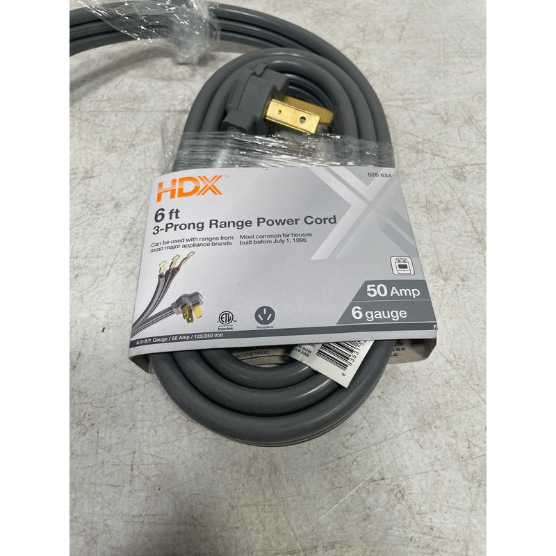 HDX 6 ft 6/3 50 Amp 3-Prong Range Power Cord, Grey, Indoor, Max Temperature 140F