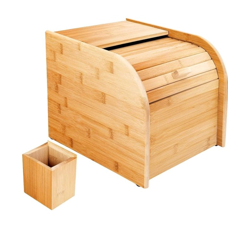 DYNAMI Bamboo Rice Dry Storage Box with Sliding Lid & Measuring Cup, Wood Color