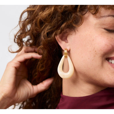 Julie Vos 2.4" Carnaby Doorknocker Earring, 24K Gold Plated - Ivory - Tan