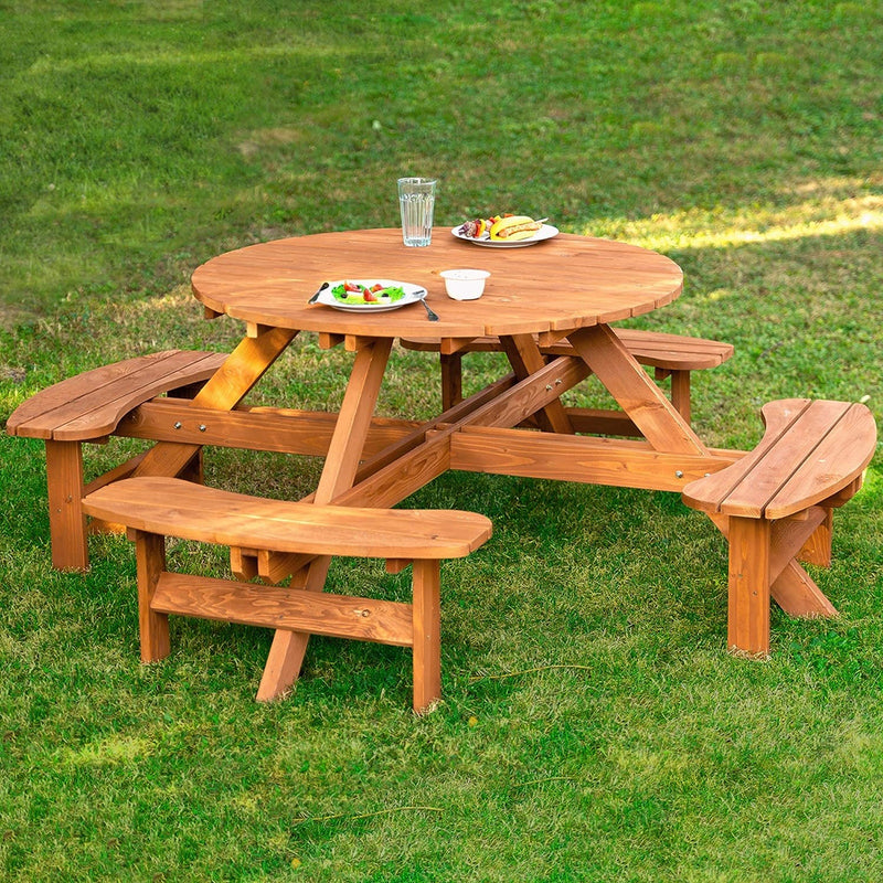 Round Outdoor Wooden Brown Picnic Table 82" W x 82" D x 30" H Leisure Season