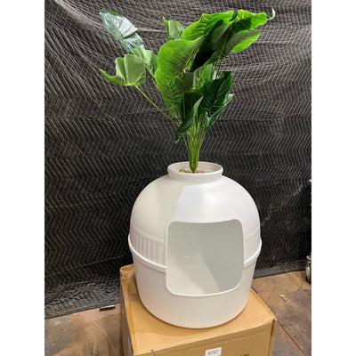 Hawsaiy Hidden Cat Litter Box Enclosure w 40" Faux Plant & Real Stones, White