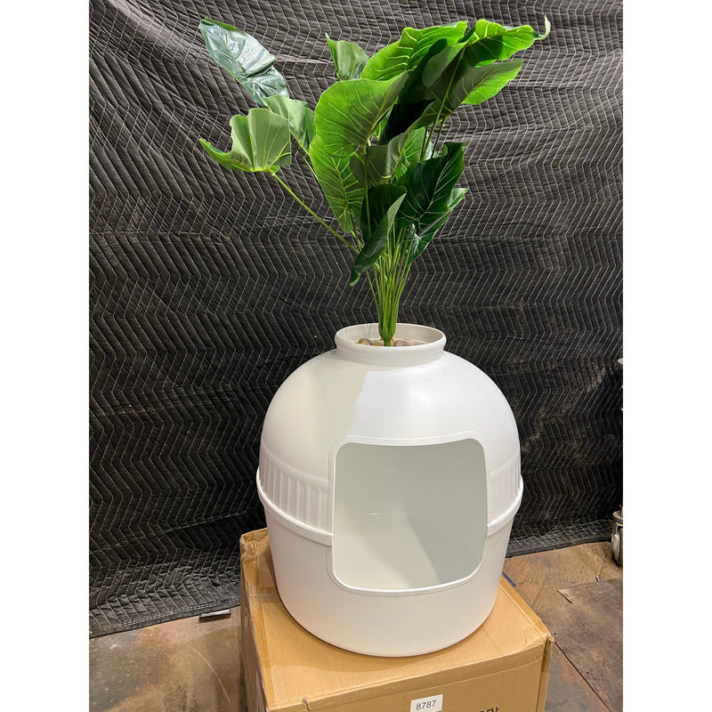 Hawsaiy Hidden Cat Litter Box Enclosure w 40" Faux Plant & Real Stones, White