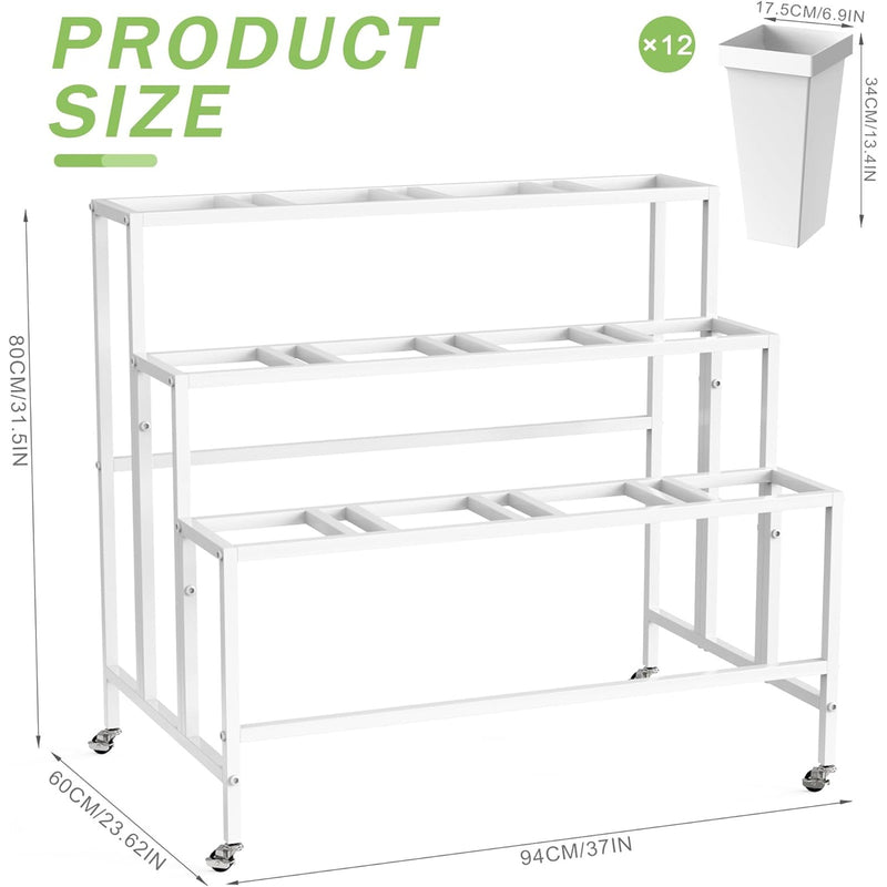 VGMiu 3-Tier Metal Flower Stand with 12 Buckets, Wheels & Brakes - White