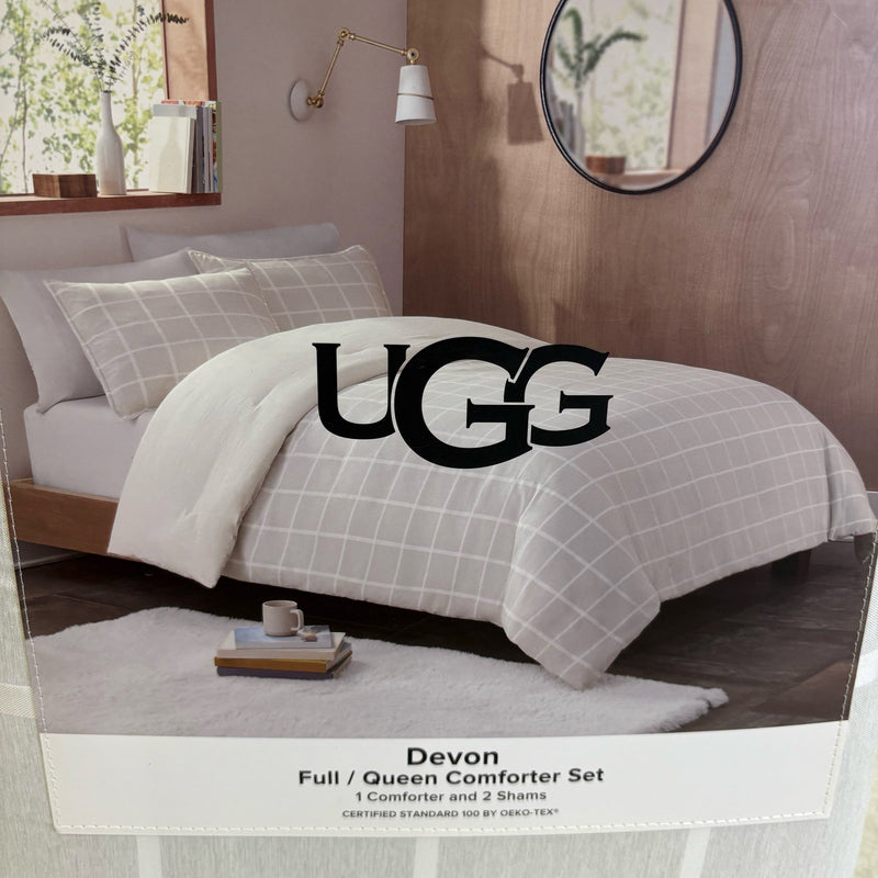 UGG Devon Queen Comforter Set w 2 Shams, Soft Bedding, Square Design - Gray
