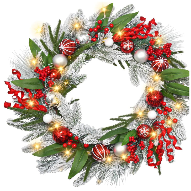 Christmas Wreath with Lights, Red Berries, Ornaments and Pine Branches, 24"