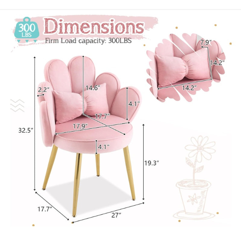 VINGLI Petal Makeup Vanity Chair with Back, Gold Legs & Bow Pillow - Pink