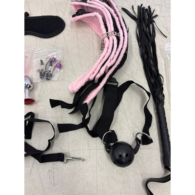 Bondage Kit Adult Handcuffs Ball Gag Nipple Clamps Blindfold Vibrator Plug Whip