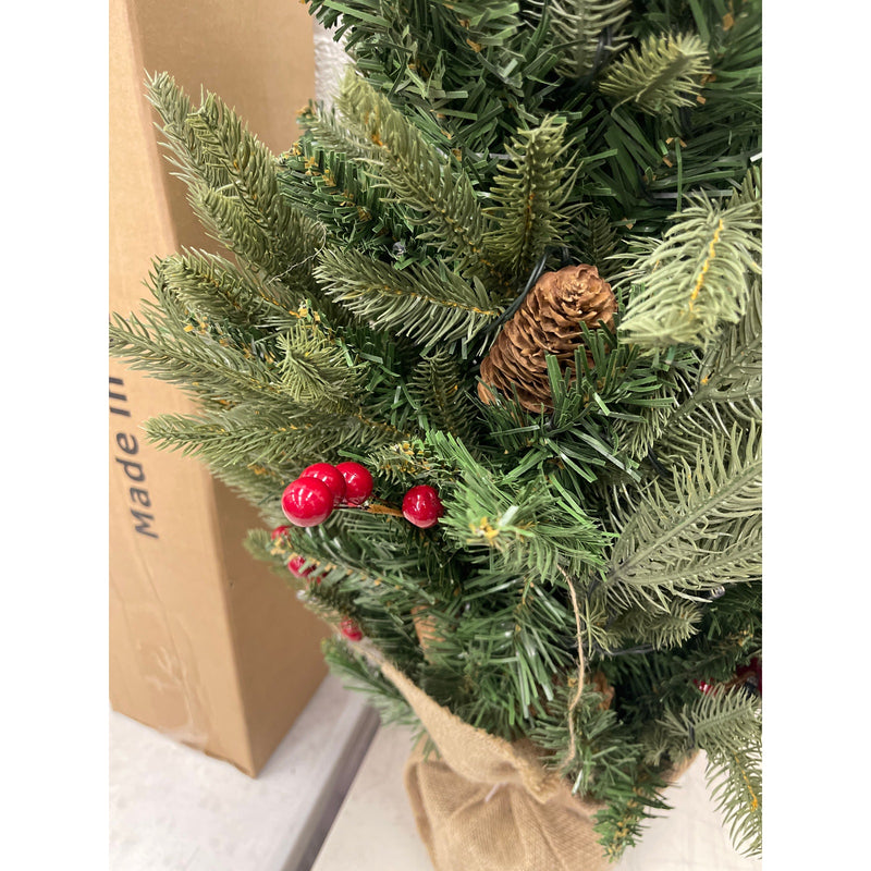 3 ft. Christmas Tree with Pinecones/Berries and Burlap Wrapped Stand - Pre Lit