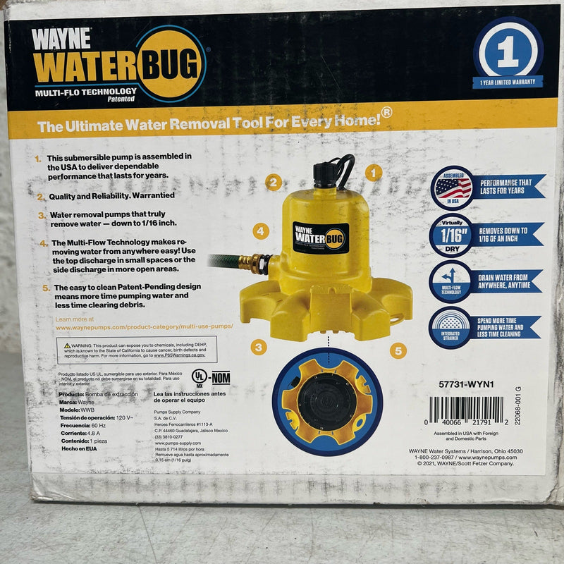 Wayne WWB Series Utility Pump, 4.8 A, 120 V, 1/6 hp, 3/4 in Outlet, 1010 gph