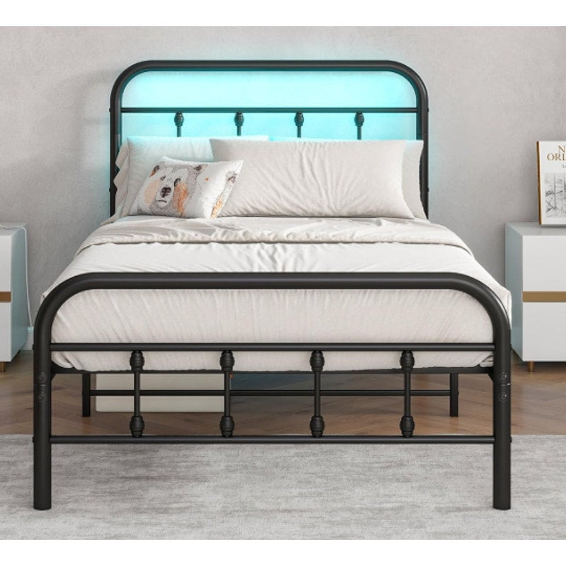 Maliacife- Twin Bed Frame with USB Charging Station with LED Lights Headboard