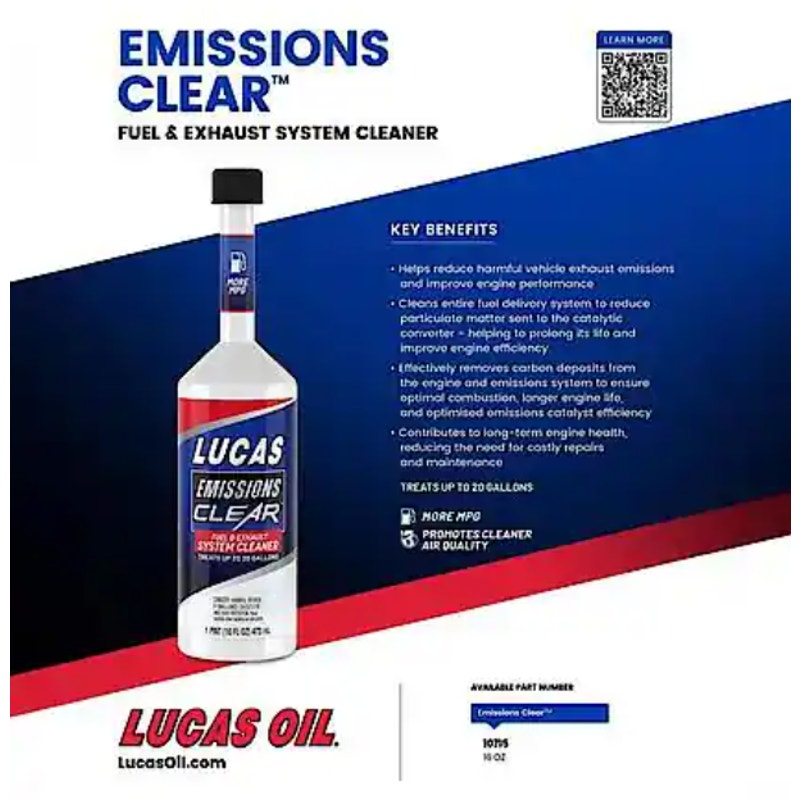 Lucas Oil, Emissions Clear Fuel & Exhaust Cleaner 1 Quart Treats 20 Gallons