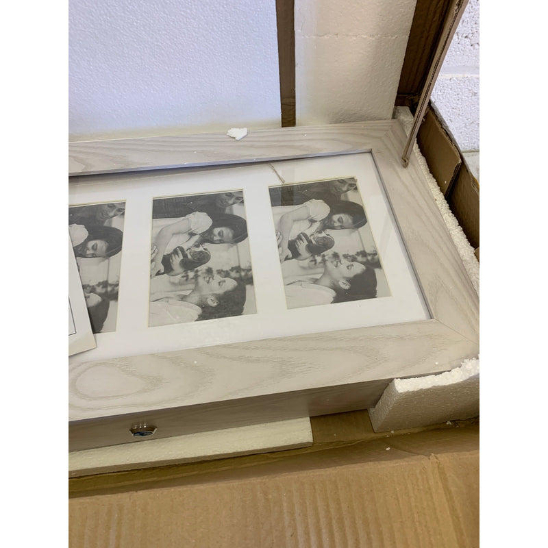 Joyero Bonnlo con espejo y marco de fotos con caja de seguridad, madera gris, 61 x 30 x 10 cm
