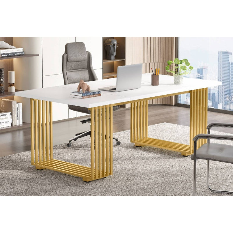 Tribesigns 70.9" Executive Desk Office Computer Desk Conference Table White/Gold