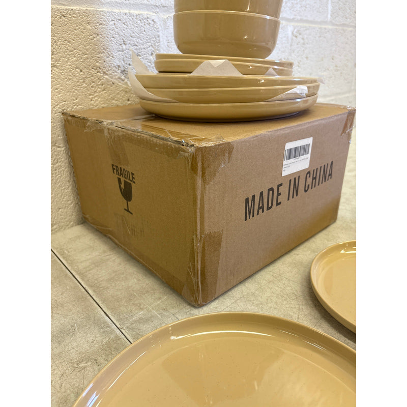 Melamine Dinnerware Sets, 12Pcs Dishes Set for 4, Plates and Bowls Sets - Tan
