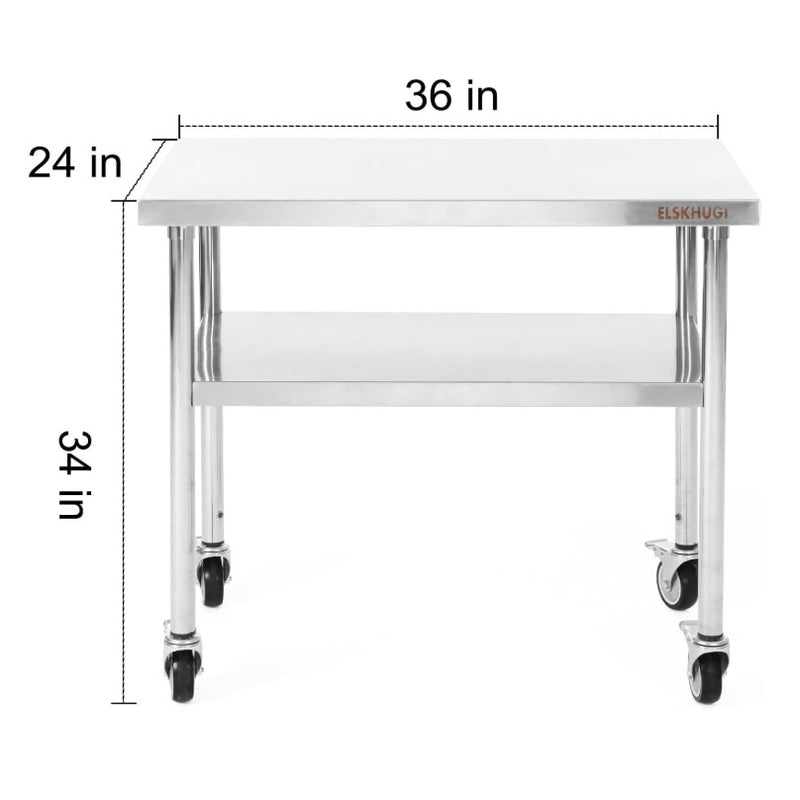 ELSKHUGI Stainless Steel Prep and Work Table 36" x 24" w Wheels & Bottom Shelf