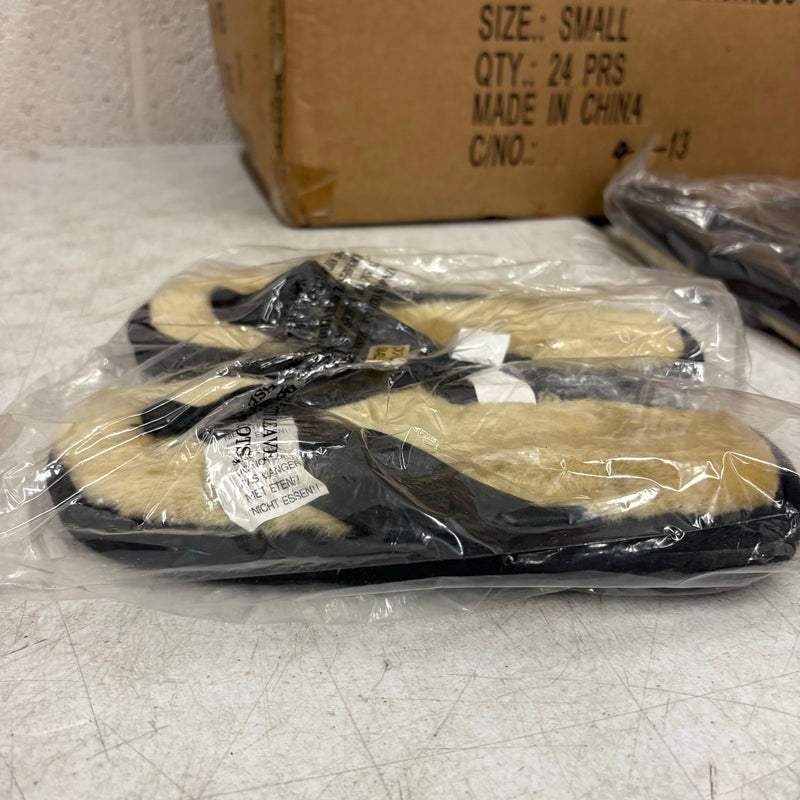 LOT-OF-24 Fireside Flip Flops SMALL, Fur Lining, Rubber Bottom - Black / Tan