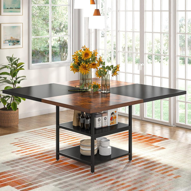 Tribesigns Square Dining Table 47" Kitchen Dinner Table, 2-Shelf, Brown/Black