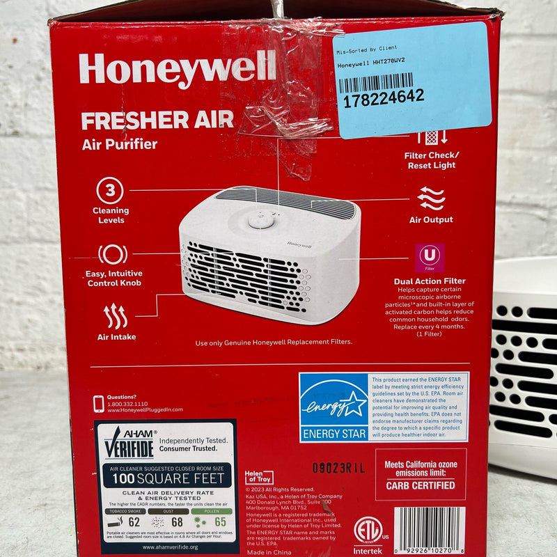 Honeywell Air Purifier 100 sq ft, Dual Action Air Filter, Tabletop, White