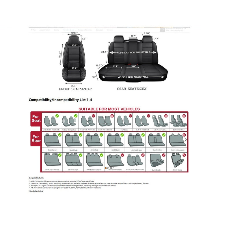 Chezope Full Set Leather Seat Covers Universal Fit for Most Vehicles - Black/Red