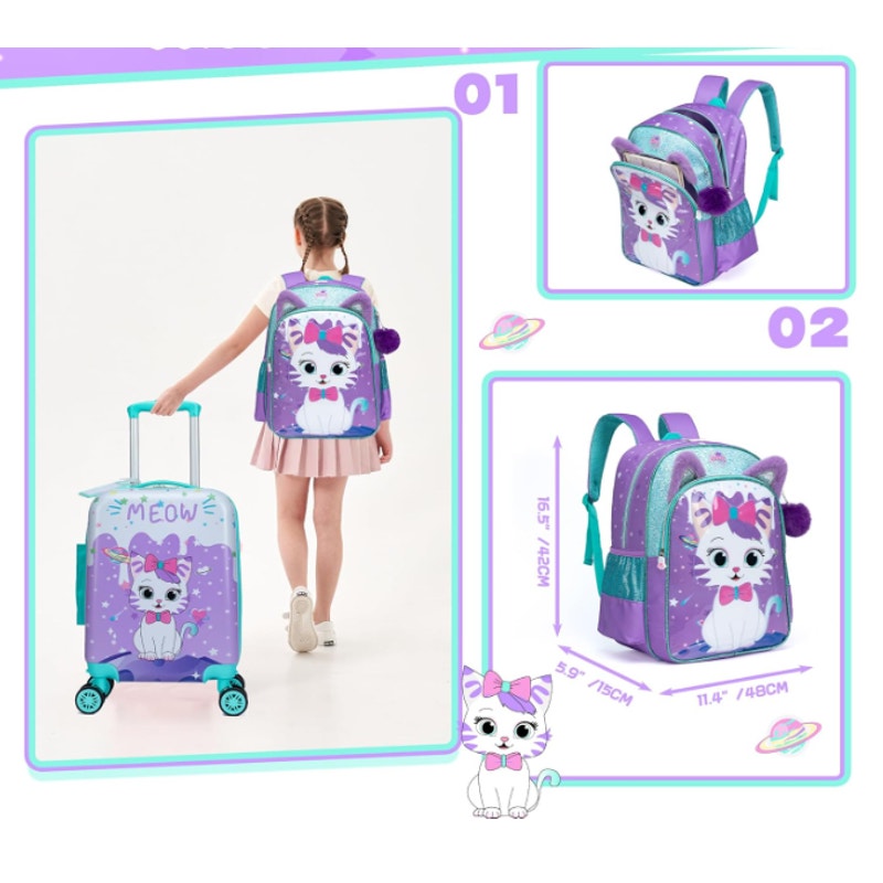Inprof Cute Cat Kid’s Luggage Set 5-Piece Suitcase Set 16’’ Hardside Luggage