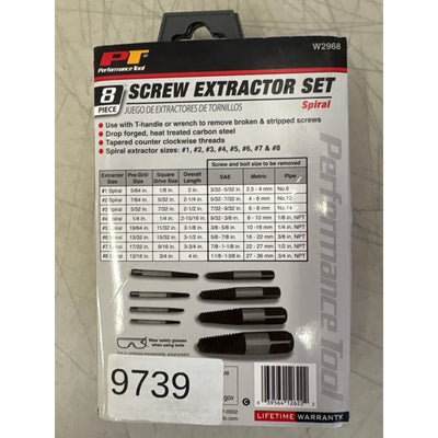 Performance Tool 8-Piece Screw Extractor Set Tapered Counter Clockwise Thread
