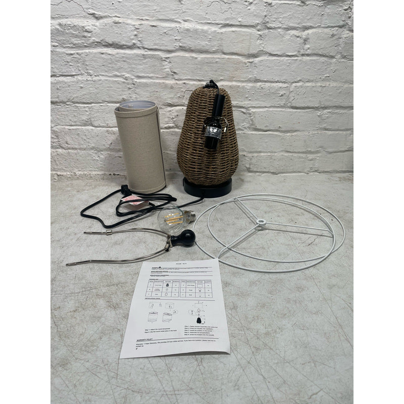 Cinkeda 23.5" USB Table Lamp w Linen Lampshade, Lightbulb Included Brown Rattan