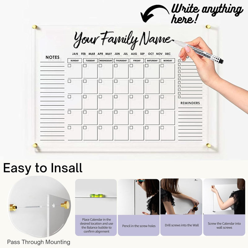 Month / Year Calendar Dry-Erase Board 40" x 26" Wall-Mount with Markers Acrylic