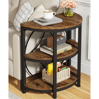 Tribesigns Half-Round End Table, 3-Tier Narrow Side Table w Metal Frame, Brown