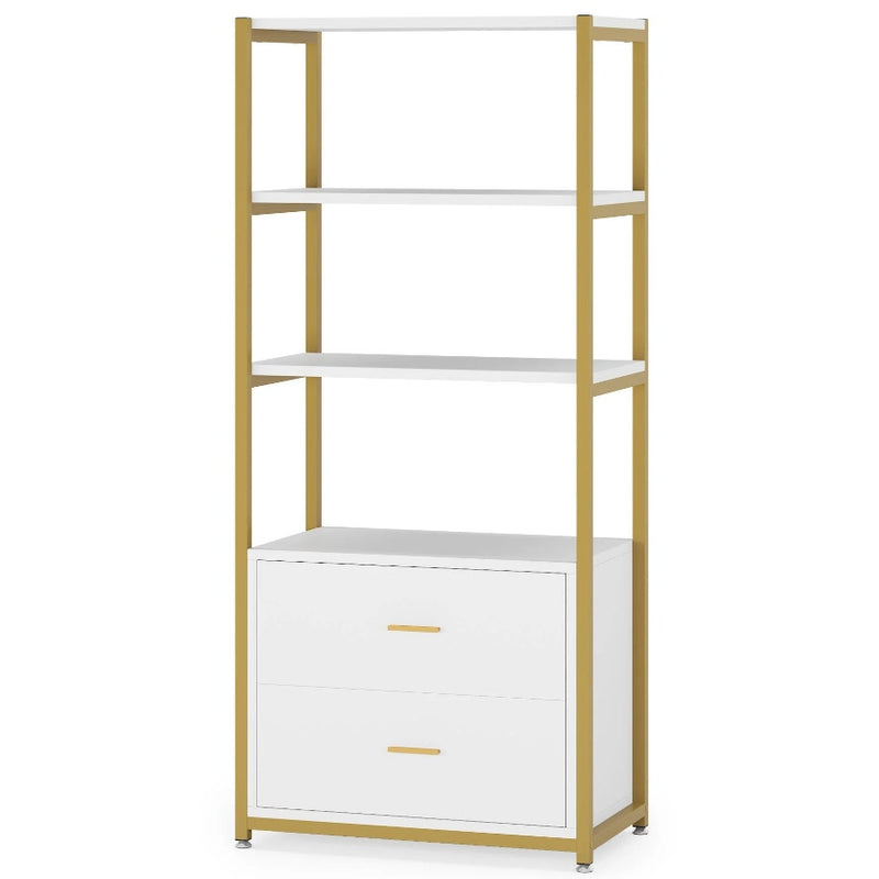 Tribesigns - 4-Tier Bookshelf Etagere Display Bookcase with 2 Drawers White/Gold
