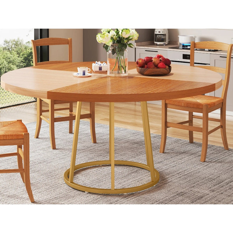 Tribesigns Round Dining Table 47" Kitchen Table Gold Metal Base 2-Tone Brown Top