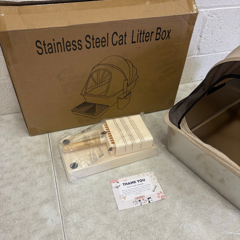 Pacifik Angels Stainless Steel Cat Litter Box w Anti Splash Fabric & Scoop - Tan