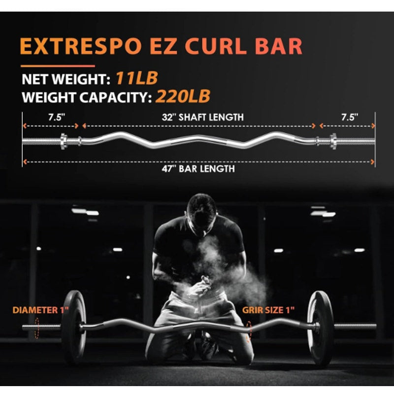 ExtreSpo 47" EZ Curl Bar Weight Lifting Bar Hip Thrusts/Squats/Lunges 1" Weights