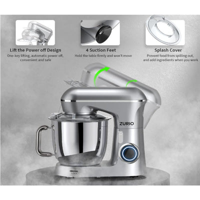 Zurio Stand Mixer with Egg Whisk, Flat Beater & Dough Hook - SM-1531NP, Silver