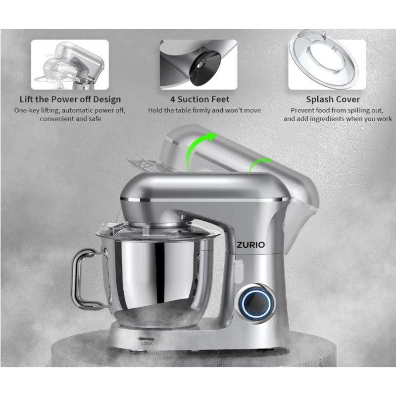 Zurio Stand Mixer with Egg Whisk, Flat Beater & Dough Hook - SM-1531NP, Silver