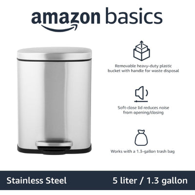 Amazon Basics Mini Rectangular Trash Can Soft-Close Foot Pedal, Smudge Resistant