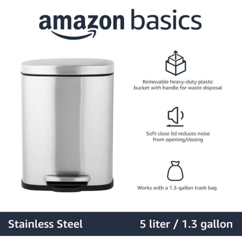 Amazon Basics Mini Rectangular Trash Can Soft-Close Foot Pedal, Smudge Resistant