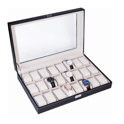 FCH 24-Compartment Watch Collection Box Top-level Opening Style Leather - Black