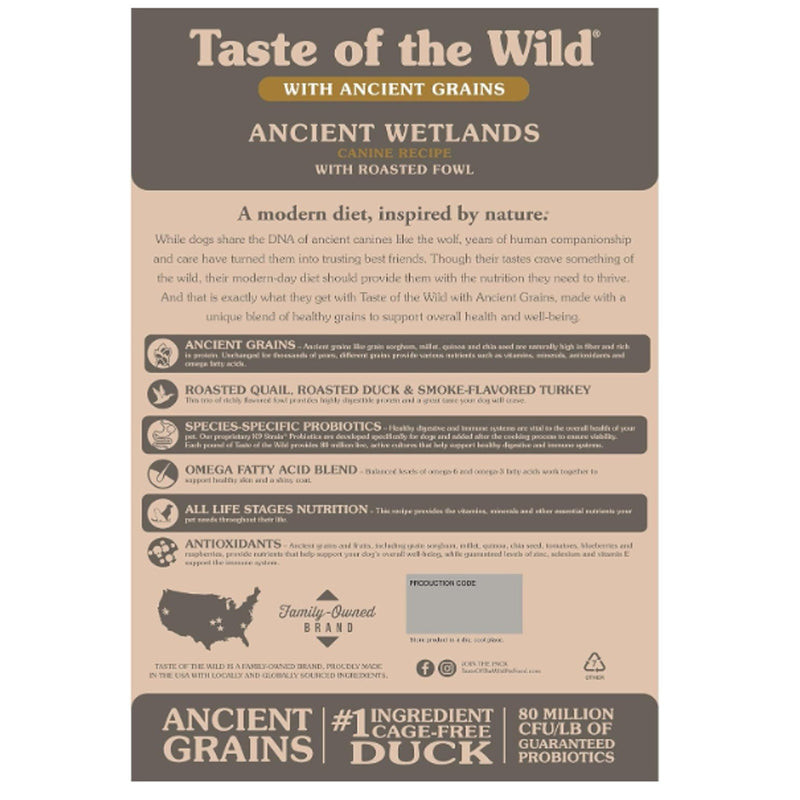 Taste of the Wild Wetlands Fowl & Ancient Grains 28lbs Dog Food BB 9/27/25