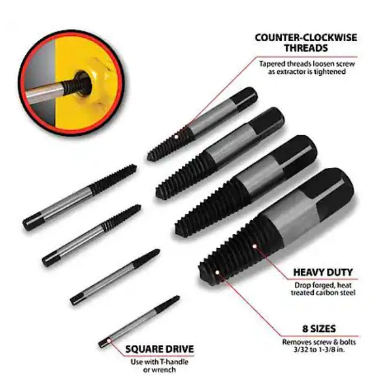 Performance Tool 8-Piece Screw Extractor Set Tapered Counter Clockwise Thread