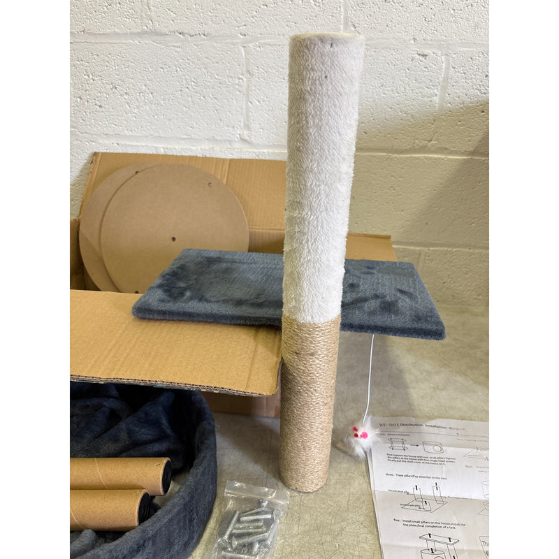 Small Cat Tower with Dangling Ball, Scratching Post, Perches, Cave, & Bed - Gray
