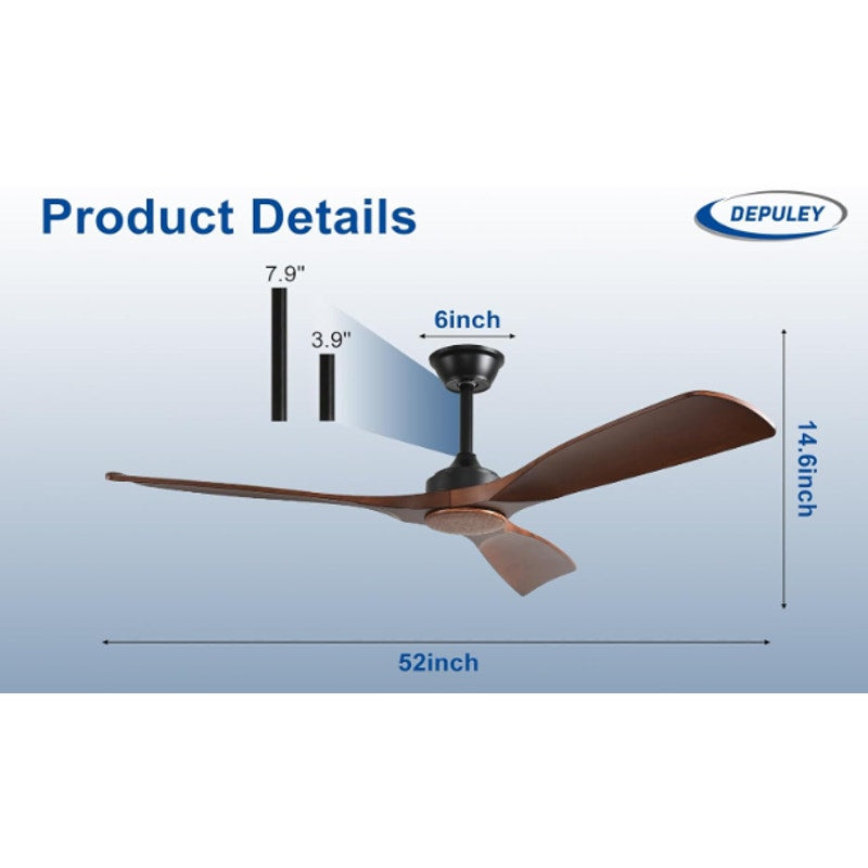 Depuley Ceiling Fan Without Light: 52" 3 Blade Outdoor Fans for Patios - Walnut