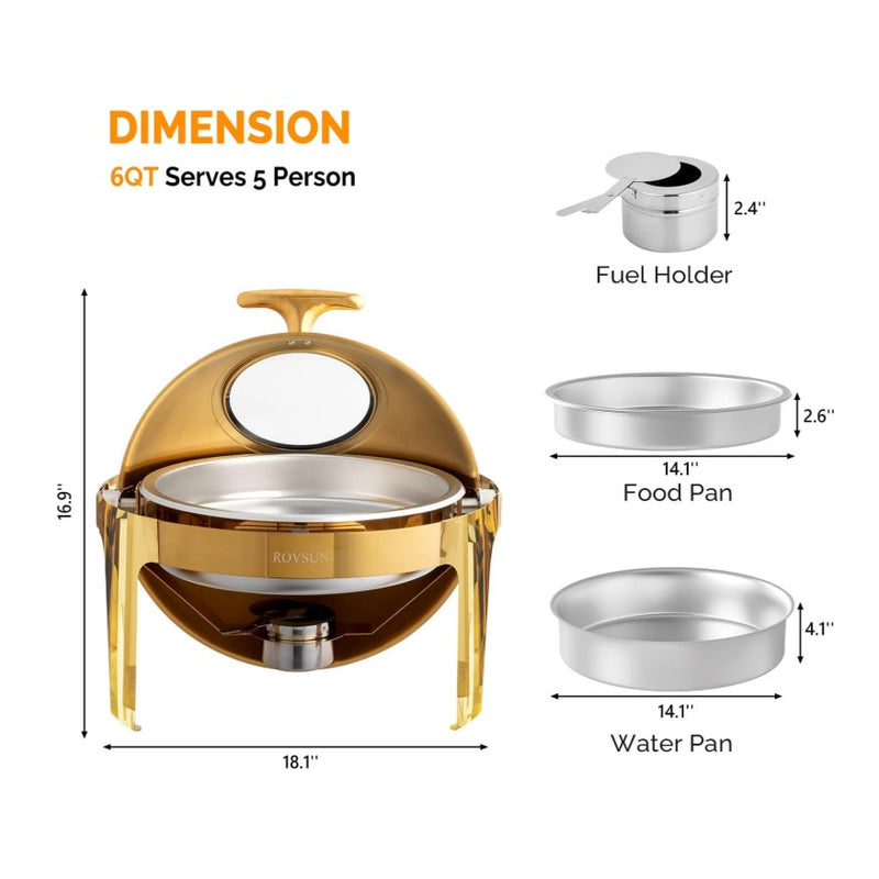 ROVSUN 6 QT Chafing Dishes for Buffet Roll Top Chafing Dish Stainless Steel Gold