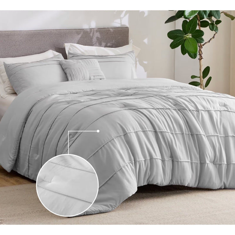 Cozy Comfort Twin Comforter Set, 3 Piece Stripe Pleat Bedding Set - Gray