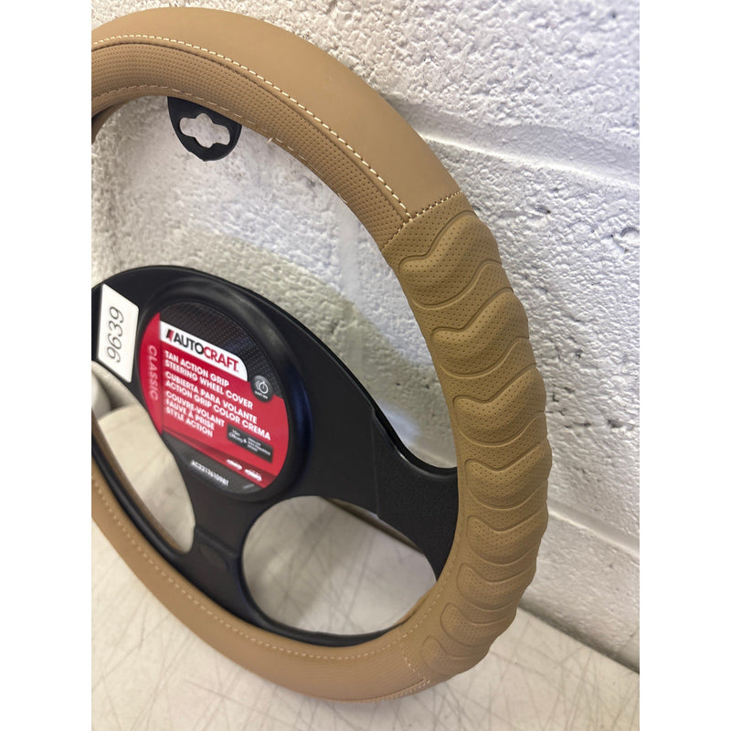 AutoCraft Action Grip Steering Wheel Cover Tan Faux Leather, Fits 14.5" - 15"