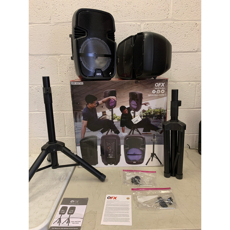 Set-of-2 QFX Portable Bluetooth Speakers with Stands, 8" Subs, NO CORDS