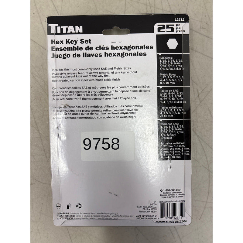 Titan 25 Piece SAE & Metric Hex Key Set with Pivot Holder, Hand Tools - 12712