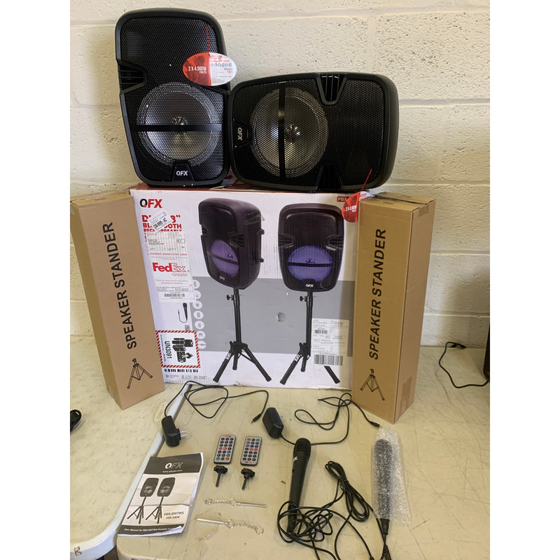 SET-of-2 QFX DUAL 8 Speaker System PA Speakers, Stands and Microphones